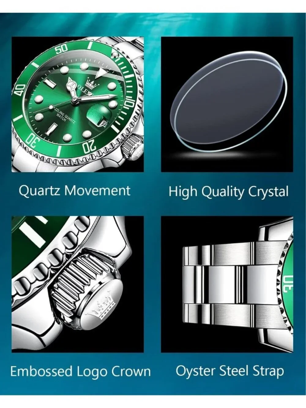 Men's Green Premium Silver Stainless Analog Rotatable Bezel Date Steel Watch